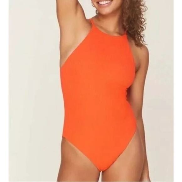 Andie Swim Asbury Rib High Neck One Piece Swimsuit Sire Orange NWT M - Picture 1 of 5